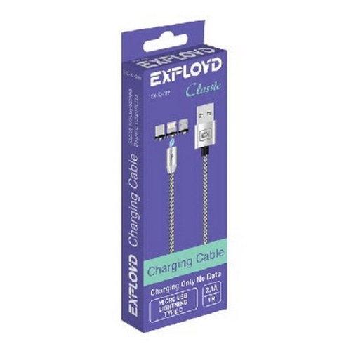 Кабель EXPLOYD EX-K-789 Кабель 3в1 USB - microUSB/8 Pin/TYPE-C 1М 2.1A Magnetic круглый нейлон