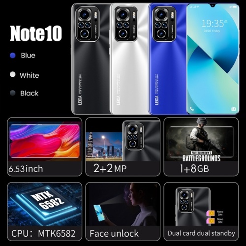 Смартфон Note10, 6,53 дюйма, четырехъядерный процессор MTK6582, 1 ГБ ОЗУ + 8 Гб ПЗУ, две карты, двойной режим ожидания, Android 5,1, телефон с европейской вилкой фото 3