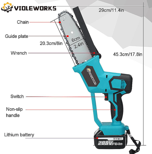 Электрическая цепная пила 8 дюймов, беспроводная ручная цепная пила для обрезки, 2 шт., 26000 мАч, литий-ионная аккумуляторная батарея фото 2