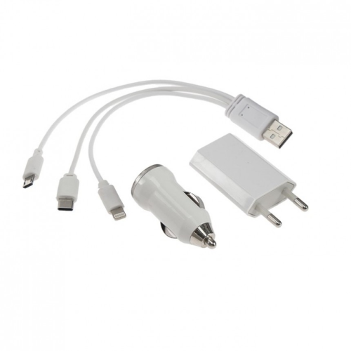 Комплект для зарядки 3 в 1 UC-13, Type-C/Lightning/microUSB, АЗУ, СЗУ, 1 А, бел