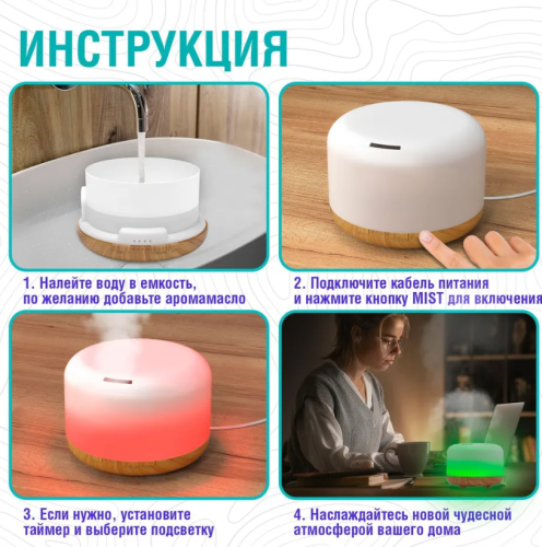 Увлажнитель воздуха ультразвуковой для дома / Аромадиффузор электрический настольный / Мини воздухоувлажнитель для комнаты / Ночник маленький, 7 цветов фото 4