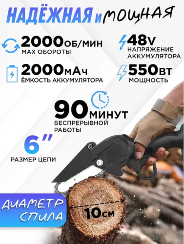 Цепная пила мини Шина 6 дюймов / Аккамуляторная пила садовая / Мини пила + Кейс для хранения фото 5